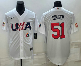 Men%27s USA Baseball #51 Brady Singer 2023 White World Baseball Classic Stitched Jersey